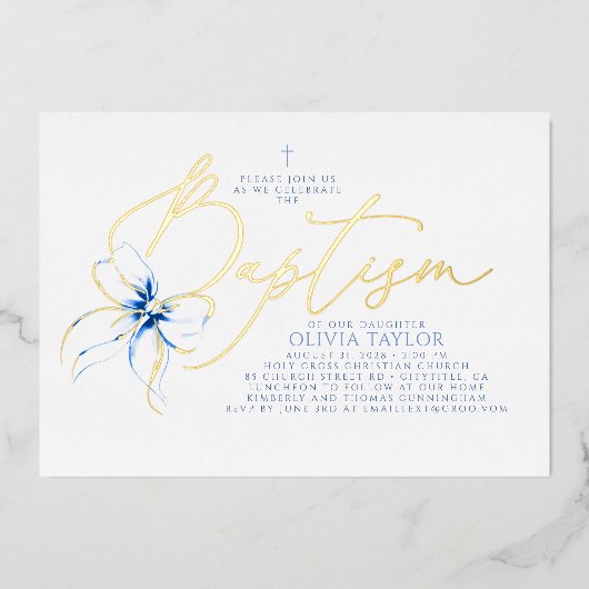 Dusty Blue Bow Elegant Minimalist Modern Baptism 箔招待状 (正面)