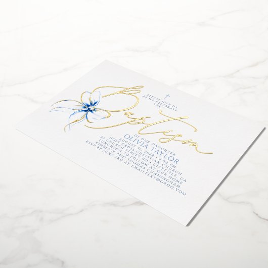 Dusty Blue Bow Elegant Minimalist Modern Baptism 箔招待状 (回転した状態)