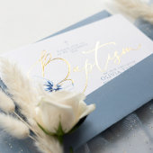 Dusty Blue Bow Elegant Minimalist Modern Baptism 箔招待状