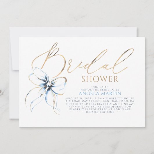 Dusty Blue Bow Elegant Romantic Bridal Shower 招待状 (正面)