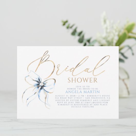 Dusty Blue Bow Elegant Romantic Bridal Shower 招待状 (スタンド正面)