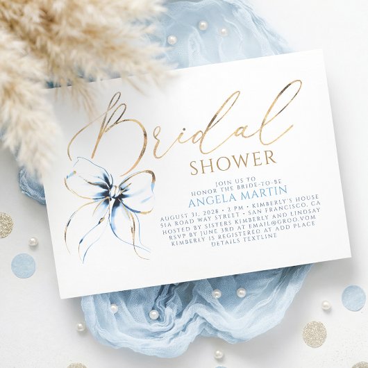 Dusty Blue Bow Elegant Romantic Bridal Shower 招待状