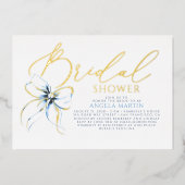 Dusty Blue Bow Elegant Script Modern Bridal Shower 箔招待状 (正面)