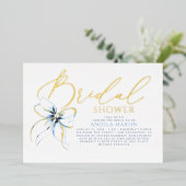 Dusty Blue Bow Elegant Script Modern Bridal Shower 箔招待状 (立ち正面)