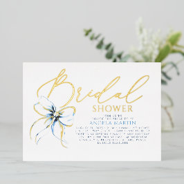 Dusty Blue Bow Elegant Script Modern Bridal Shower 箔招待状