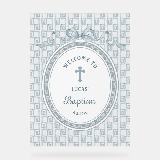 Dusty Blue Bow Greek Frame Baptism Welcome アクリルサイン (正面)