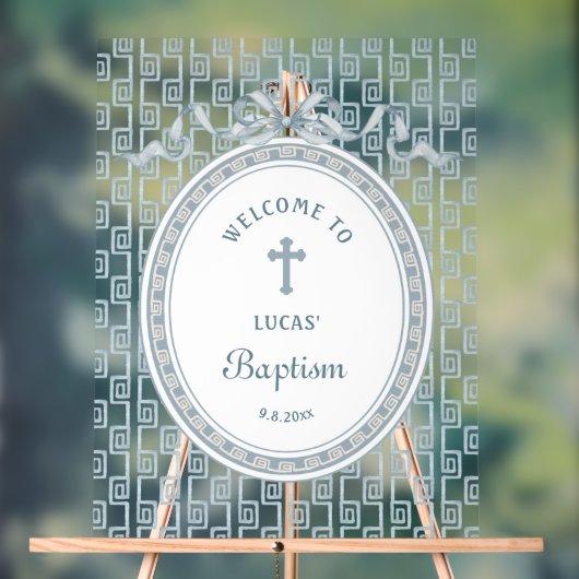 Dusty Blue Bow Greek Frame Baptism Welcome アクリルサイン (ニュートラル)
