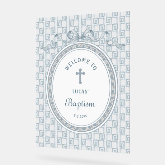Dusty Blue Bow Greek Frame Baptism Welcome アクリルサイン (傾斜)