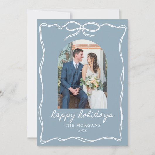 Dusty Blue Bow Happy Holidays Rustic Just Married シーズンカード (正面)