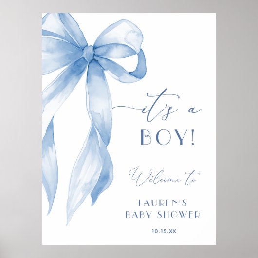 Dusty Blue Bow Its A Boy Baby Shower Welcome Sign ポスター (正面)
