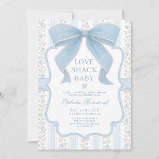 Dusty Blue Bow Love Shack Baby Boy Shower 招待状 (正面)
