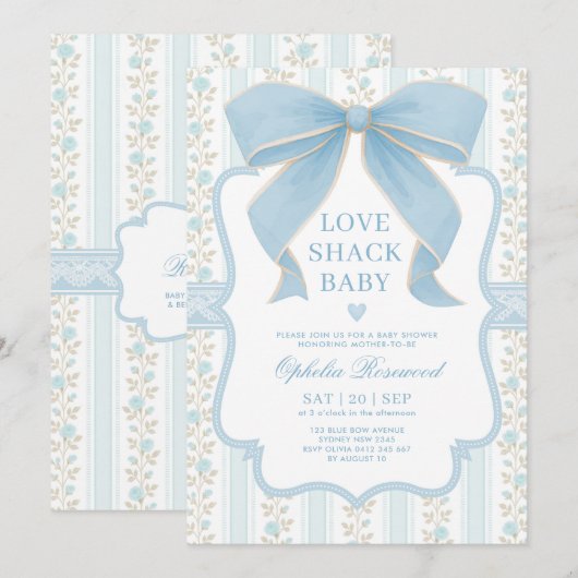 Dusty Blue Bow Love Shack Baby Boy Shower 招待状 (正面/裏面)