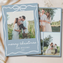 Dusty Blue Bow Merry Christmas 4 Photo Family シーズンカード