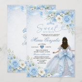 Dusty Blue Bow Princess Floral Crown Sweet Sixteen 招待状 (正面/裏面)
