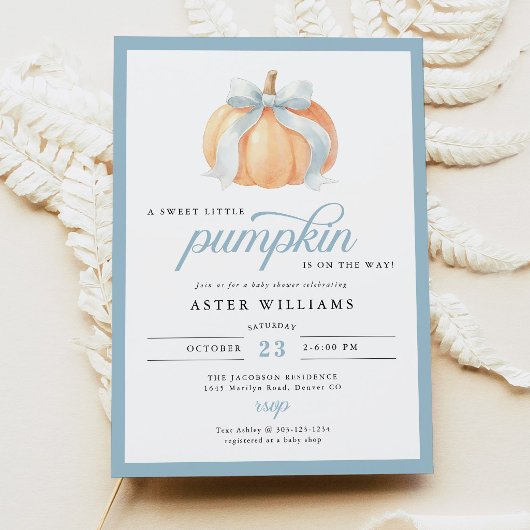 Dusty Blue Bow Pumpkin Baby Boy Shower 招待状