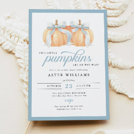 Dusty Blue Bow Pumpkins Twin Baby Boy Shower 招待状