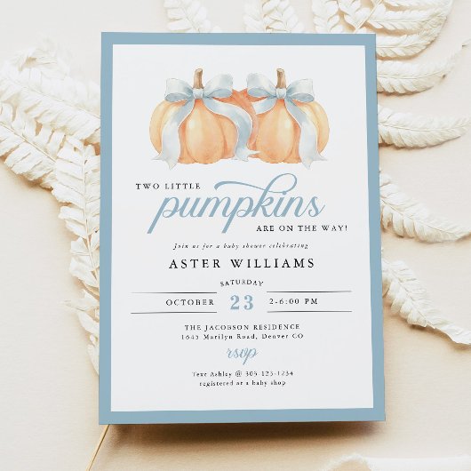 Dusty Blue Bow Pumpkins Twin Baby Boy Shower 招待状