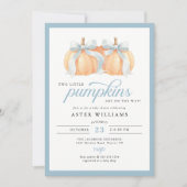 Dusty Blue Bow Pumpkins Twin Baby Boy Shower 招待状 (正面)