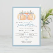 Dusty Blue Bow Pumpkins Twin Baby Boy Shower 招待状 (スタンド正面)