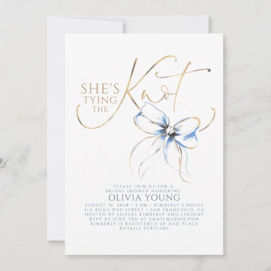 Dusty Blue Bow She's Tying The Knot Bridal Shower 招待状 (正面)
