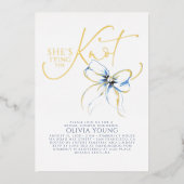 Dusty Blue Bow She's Tying The Knot Bridal Shower 箔招待状 (正面)