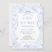 Dusty Blue Bow Toile De Jouy Boy Baby Shower 招待状 (正面)