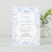 Dusty Blue Bow Toile De Jouy Boy Baby Shower 招待状 (スタンド正面)
