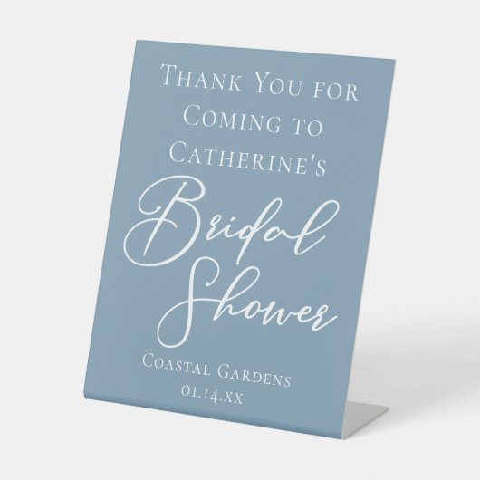 Dusty Blue Bridal Shower Personalized White Script 台座サイン (正面)