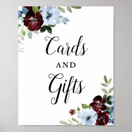 Dusty blue burgundy floral cards and gifts sign ポスター