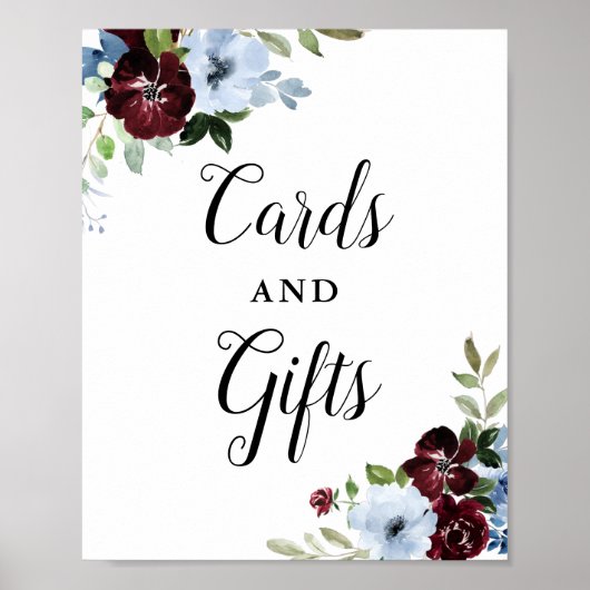 Dusty blue burgundy floral cards and gifts sign ポスター (正面)