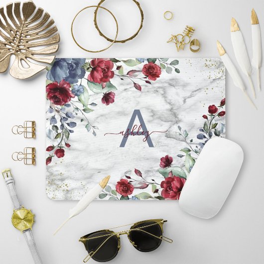 Dusty Blue Burgundy Floral Marble Name Monogram マウスパッド