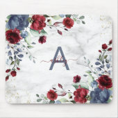 Dusty Blue Burgundy Floral Marble Name Monogram マウスパッド (正面)