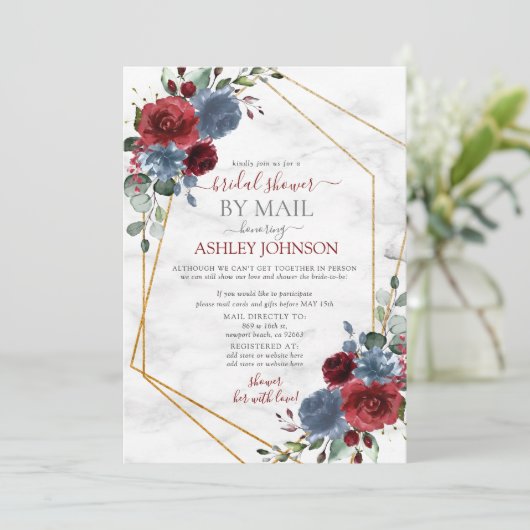 Dusty Blue Burgundy Geometric Shower by Mail 招待状 (スタンド正面)