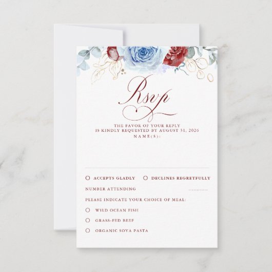 Dusty Blue Burgundy Red Flowers Wedding RSVP (正面)