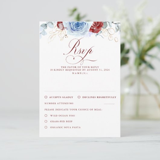 Dusty Blue Burgundy Red Flowers Wedding RSVP (スタンド正面)