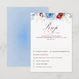 Dusty Blue Burgundy Red Flowers Wedding RSVP