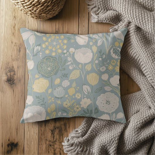 Dusty Blue Butter Yellow Beige Modern Floral Print クッション