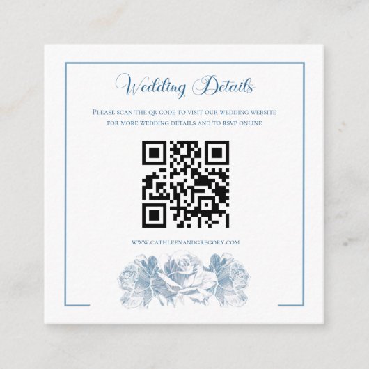 Dusty Blue Calligraphy QR Code Wedding エンクロージャーカード (正面)