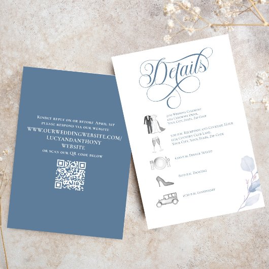 Dusty Blue Calligraphy QR Code Wedding Details エンクロージャーカード