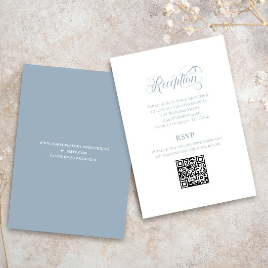 Dusty Blue Calligraphy Wedding QR Code RSVP エンクロージャーカード