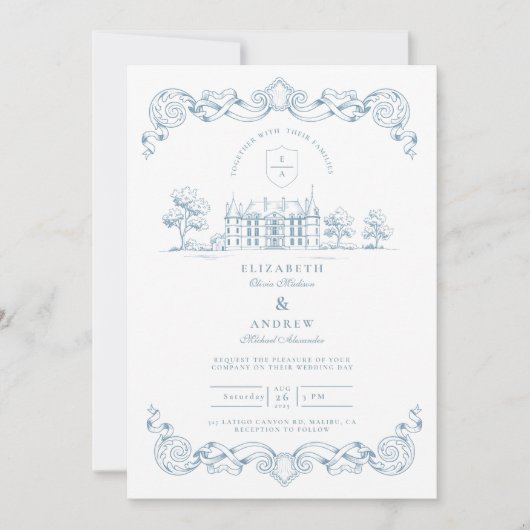 Dusty Blue Chateau Baroque Wedding 招待状 (正面)