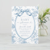 Dusty Blue Chinoiserie Bow Toile Girl Baby Shower 招待状 (スタンド正面)
