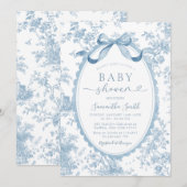 Dusty Blue Chinoiserie Bow Toile Girl Baby Shower 招待状 (正面/裏面)