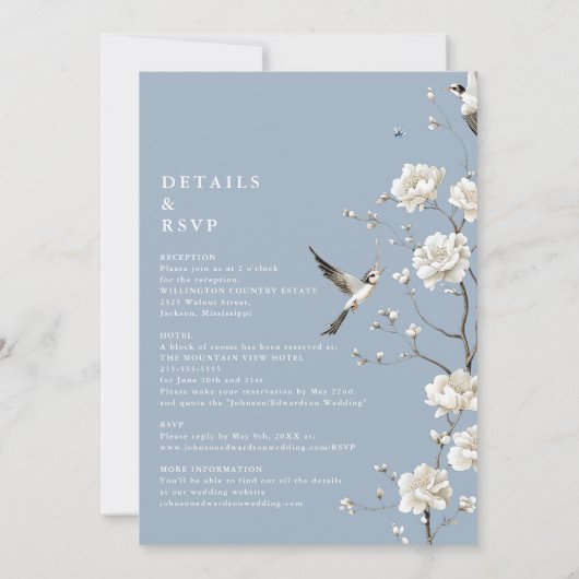 Dusty Blue Chinoiserie Floral All In One Wedding 招待状 (裏面)