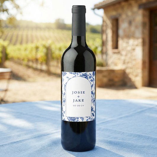 Dusty Blue Chinoiserie Floral Custom Wedding ワインラベル