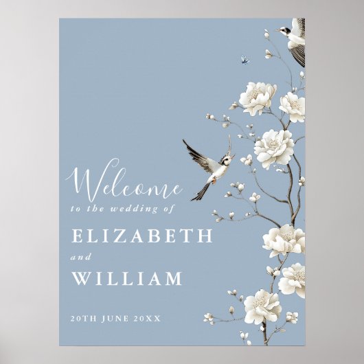 Dusty Blue Chinoiserie Floral Wedding Welcome Sign ポスター (正面)
