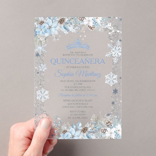Dusty Blue Christmas Floral Snowflake Quinceañera アクリル招待状 (インサイチュ (ポータブル))
