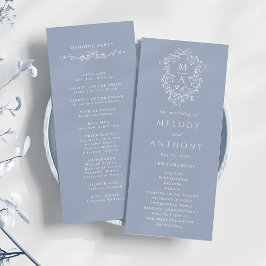 Dusty Blue Classic Floral Crest Wedding Ceremony プログラム