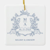 Dusty Blue Classic Floral Crest Wedding Photo セラミックオーナメント (正面)