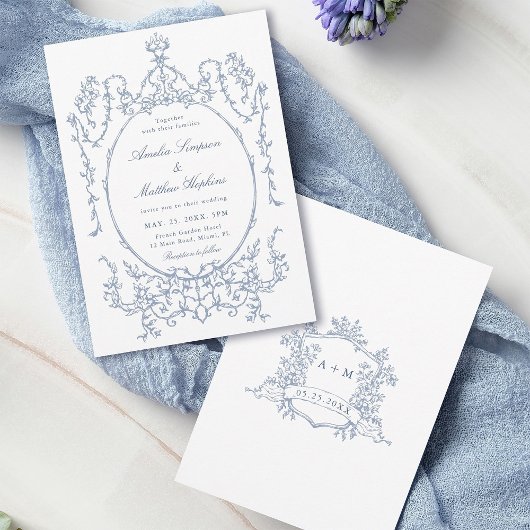 Dusty Blue Classic Floral Frame Wedding            招待状